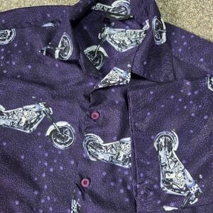 American Biker Men Purple Motorcycle Print Short Sleeve Button Down Shirt Size M